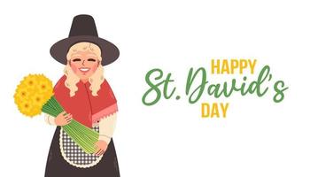glücklich Heilige Davids Tag. Mädchen im traditionell Walisisch Kostüm feiern st Davids Tag mit Gelb Narzissen. vektor