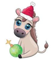 söt åsna i santa hatt med ballong, gåva, godis kane, is skridskoåkning och vinter- sporter. vykort för jul och ny år. vektor
