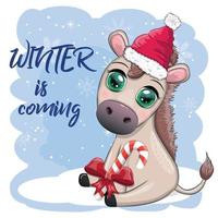 söt åsna i santa hatt med ballong, gåva, godis kane, is skridskoåkning och vinter- sporter. vykort för jul vektor