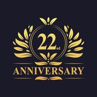 Design zum 22. Jahrestag, luxuriöse goldene Farbe Logo zum 22-jährigen Jubiläum. vektor