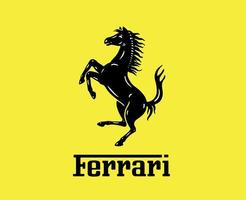 Ferrari Marke Logo Symbol mit Name schwarz Design Italienisch Auto Automobil Vektor Illustration mit Gelb Hintergrund
