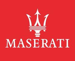 maserati logotyp varumärke symbol med namn vit design italiensk bil bil vektor illustration med röd bakgrund