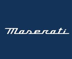 Maserati Symbol Marke Logo Name Weiß Design Italienisch Auto Automobil Vektor Illustration mit Blau Hintergrund