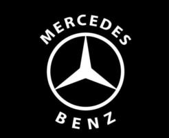 mercedes benz logotyp varumärke bil symbol med namn vit design tysk bil vektor illustration med svart bakgrund