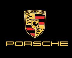 porsche varumärke logotyp bil symbol med namn gul design tysk bil vektor illustration med svart bakgrund