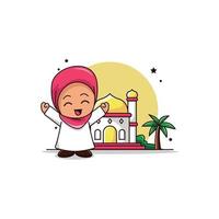 islamic karaktär logotyp illustration. söt flicka med moské bakgrund. vektor