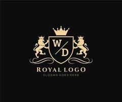 första wd brev lejon kunglig lyx heraldisk, vapen logotyp mall i vektor konst för restaurang, kungligheter, boutique, Kafé, hotell, heraldisk, Smycken, mode och Övrig vektor illustration.