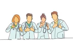 en radritning av grupper av unga glada manliga och kvinnliga läkare som ger tummen upp gest som symbol för serviceexcellence. medicinskt teamarbete koncept. kontinuerlig linje rita design vektor illustration
