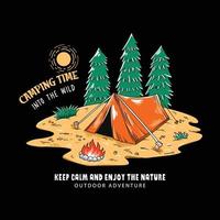 Camping Illustration im Sommer- Wald Karikatur Stil mit Camping Zelt und Lagerfeuer. geeignet zum T-Shirt Entwürfe, Aufkleber, Stickerei, Netz Design oder drucken, usw vektor