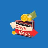 vektor cash back-ikon med mynt och plånbok isolerad på blå bakgrund. cashback eller pengaråterbetalningsetikett