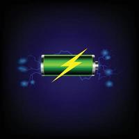 batteri släpps elektrisk energi, grön batteri med belysning bult, batteri laddning kraft. vektor