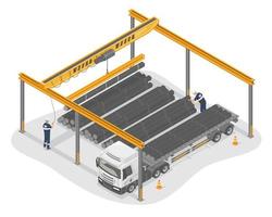 Overhead Kran Heben industriell Materialien von Anhänger eben Bett LKW im Fabrik Pritsche industriell Herstellung Arbeiter Konzept Illustration isometrisch isoliert Vektor