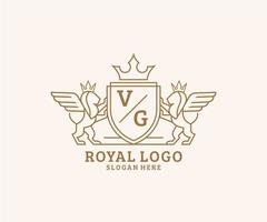 första vg brev lejon kunglig lyx heraldisk, vapen logotyp mall i vektor konst för restaurang, kungligheter, boutique, Kafé, hotell, heraldisk, Smycken, mode och Övrig vektor illustration.