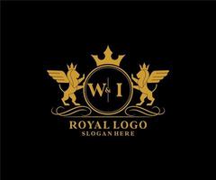 första wi brev lejon kunglig lyx heraldisk, vapen logotyp mall i vektor konst för restaurang, kungligheter, boutique, Kafé, hotell, heraldisk, Smycken, mode och Övrig vektor illustration.