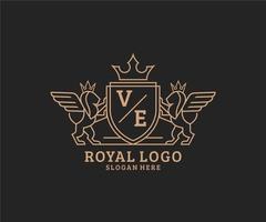 Initiale ve Brief Löwe königlich Luxus heraldisch, Wappen Logo Vorlage im Vektor Kunst zum Restaurant, Königtum, Boutique, Cafe, Hotel, heraldisch, Schmuck, Mode und andere Vektor Illustration.