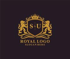 första su brev lejon kunglig lyx logotyp mall i vektor konst för restaurang, kungligheter, boutique, Kafé, hotell, heraldisk, Smycken, mode och Övrig vektor illustration.