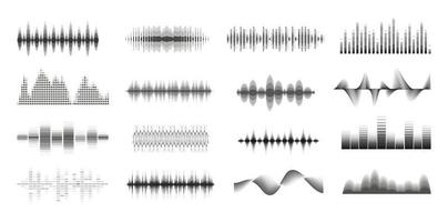 musik ljudvågor stor monokrom uppsättning. konsolpanel. musik ljudsamling. elektronisk radiosignal. utjämnare. vektor