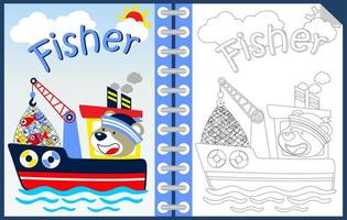 rolig Björn sjöman tecknad serie på båt med massa av fisk, färg bok eller sida vektor
