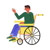jung Mann mit dunkel Haut Sitzung im Rollstuhl. glücklich Kerl Leben mit Behinderung. eben Illustration im Karikatur Stil. Vektor isoliert auf Weiß.