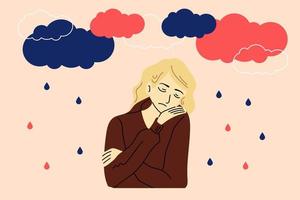 traurig, unzufrieden jung Frau unter dunkel Wolken und Regen. Psychologie, Depression, Schlecht Stimmung. Vektor Illustration im Karikatur Stil.