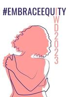 internationell kvinnors dag baner med rosa kvinna kramas själv. omfamning rättvisa rörelse illustration element. 2023 kvinnors dag tema - omfamna eget kapital. vektor