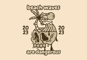 abstrakt Kunst Illustration von ein Schädel mit Strand Wellen und Kokosnuss Baum vektor