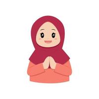 muslim flicka barn bär hijab ger hälsning. platt vektor illustration.