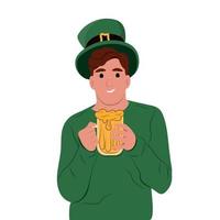 glücklich st. Patricks Tag. jung glücklich irisch Mann feiern st. Patricks Tag und halten ein Becher von Bier im ihr Hände. Vektor eben Illustration isoliert auf Weiß.