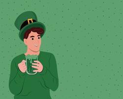 Lycklig st. Patricks dag. ung Lycklig irländsk man fira st. Patricks dag och innehav en råna av öl. vektor platt illustration isolerat på vit.