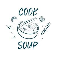 Koch Suppe Phrase mit ein Schüssel und Zutaten vektor