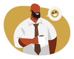 Geschäft Mann halten und genießen Kaffee im Becher. glücklich Ausdruck Emoji. afrikanisch Amerikaner. Cafe, Geschäft, arbeiten, Personen. eben Vektor Grafik Design.