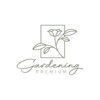 Rahmen mit Blumen Rose Gartenarbeit Pflanze feminin Linie minimalistisch Logo Design Vektor