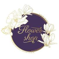 kort mall, logotyp aning med blommig element. guld ram med magnolia blommor dragen i guld översikt. vektor illustration