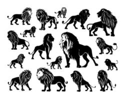 lejon kung silhuett svart logotyp djur silhuetter ikoner uppsättning hand dragen lejon huvud ansikte silhuett vektor illustration