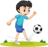 söt pojke spelar fotboll seriefigur isolerad vektor