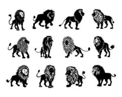 lejon kung silhuett svart logotyp djur silhuetter ikoner uppsättning hand dragen lejon huvud ansikte silhuett vektor illustration