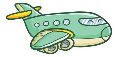 komisch und cool Grün Gelb Flugzeug fliegend und lächelnd glücklich vektor