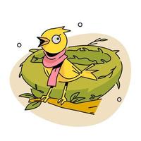 en gul fågel, som bär en scarf och sittpinnar i främre av de bo. vektor