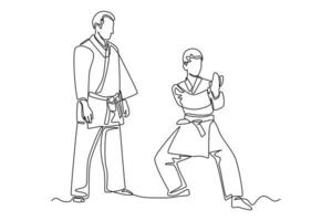 kontinuierlich einer Linie Zeichnung Trainer ist Ausbildung Kinder im Karate Klasse. Klasse im Aktion Konzept. Single Linie zeichnen Design Vektor Grafik Illustration.