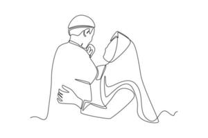 kontinuierlich einer Linie Zeichnung Muslim Sohn küssen seine Mutter Hand. eid al-fitr Konzept. Single Linie zeichnen Design Vektor Grafik Illustration.