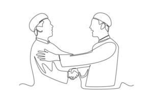 kontinuierlich einer Linie Zeichnung glücklich Männer zittern Hände mit jeder andere wann eid Mubarak . eid al-fitr Konzept. Single Linie zeichnen Design Vektor Grafik Illustration.