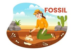 Fossil Illustration mit Archäologen findet Dinosaurier Skelette auf Ausgrabungen oder graben Boden Schichten im eben Karikatur Hand gezeichnet Vorlagen vektor