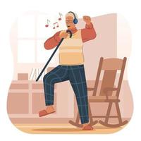 glücklich alt Mann Hören zu Musik- während Tanzen vektor