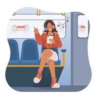 Lycklig ung kvinna med hörlurar lyssnande till musik på tunnelbana tåg vektor