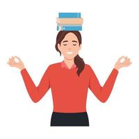 Bildung und bekommen Wissen Konzept. jung Frau meditieren mit Bücher über ihr Kopf. eben Vektor Illustration isoliert auf Weiß Hintergrund