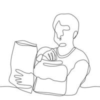 Mann kaut und hält ein enorm können mit Snacks und ein Riese Pack von Chips im seine Hände. einer kontinuierlich Linie Kunst von ein Person Essen. das Konzept von Überessen, Fettleibigkeit, Essen Störungen, ungesund Essen vektor