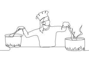 kvinna kock är matlagning med en mask på henne ansikte. ett linje teckning av en professionell kvinna kock i en skyddande medicinsk mask förbereder maträtter i två kokkärl på en gång vektor
