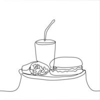 glas med en sugrör, franska frites och en smörgås hamburgare, ostburgare stå på en runda bricka, stor tallrik. ett kontinuerlig linje teckning vektor