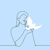 Frau steht mit ausgestreckt Hand mit welche ein Weiß Taube nimmt aus - - einer Linie Zeichnung Vektor. Konzept Symbol von Frieden, Waffenstillstand, Ende von Krieg vektor