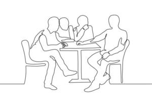 kontinuierlich Linie Kunst Silhouette von vier Männer beim ein klein Tisch. drei Männer aussehen beim das vierte, Wer ist Sitzung dominant über von ihnen. Unternehmen von freunde im ein Cafe, korporativ Versammlungen, warten vektor
